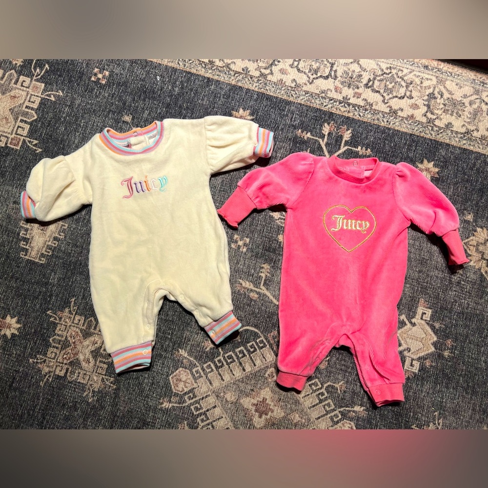 Juicy Couture EUC  Qty 2  Pink and Off White Infant 0-3 Month Velour Rompers
